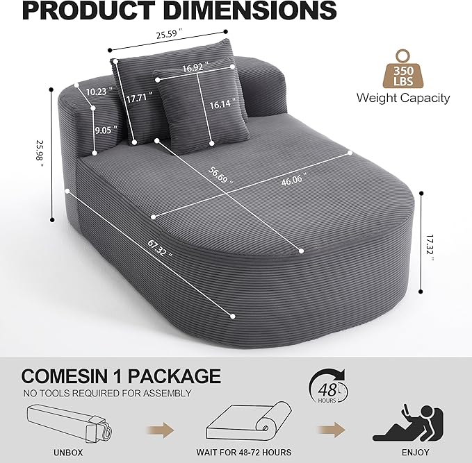Boneless CouchComfy Fluffy Sofa BedUpholstered Sleeper Sofa with Throw Pillows and ArmrestsCorduroy Plush Cloud Lounge Chair (Grey 67 Boneless Couch)