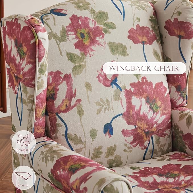MELLCOM Floral Accent Chair High Back Upholstered Armchair with Solid Legs Leisure Single Sofa Chair for Living Room Bedroom Home Office Pink Floral