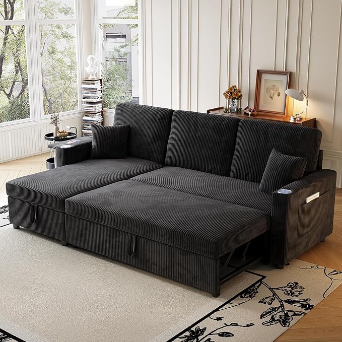 Sleeper Sectional Sofa 83 Convertible Sofa Bed with Pull Out Couches Small Desktop L Shaped Couch with Reversible Chaise Cup Holders USB Modern Corduroy Sofas for Living Room Apartment Black