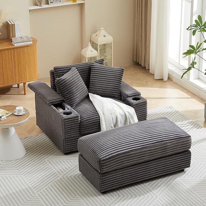 Corduroy Upholstered Chaise Lounge Sofa with Movable Ottoman and Cupholders43.3 w Oversized Singel Chair Convertible Sleeper Sofabed with Detachable Cushions Deep Seat for Living Room Office