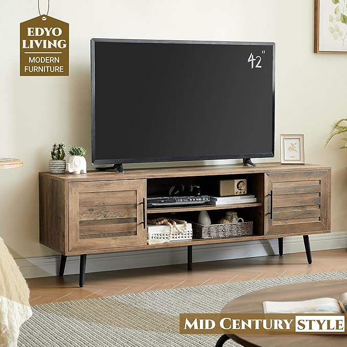 EDYO LIVING 65 Mid Century Modern TV Stand Wood TV Stand with Storage Cabinet and Open Shelf for Televisions up to 65 Entertainment Center TV Console Table for Living Room Rustic Oak