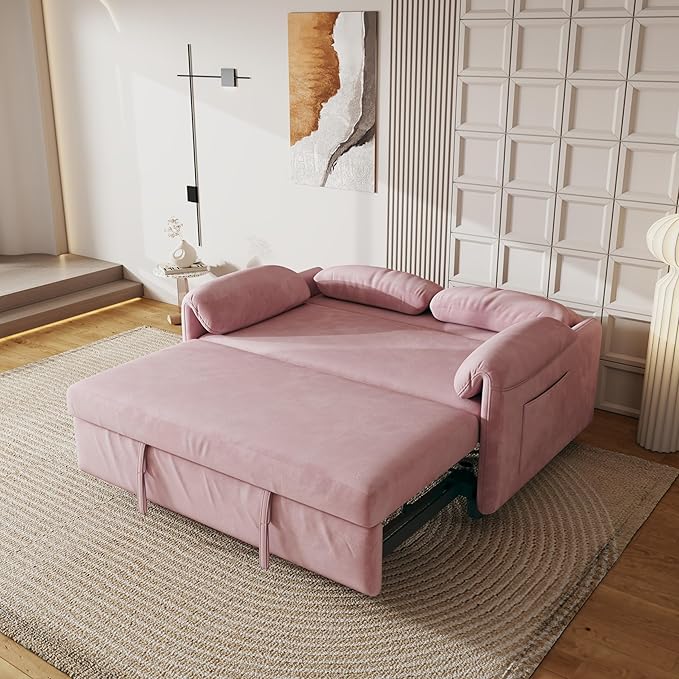 KEIKI 3 in 1 Full Pull Out Sofa Bed with Adjustable Backrest &amp Side Storage Pockets Velvet Recliner Lounge Sofa for Small Living Spaces Pink