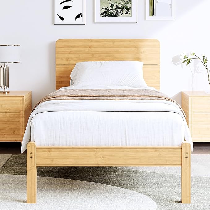 14in High Solid Bamboo Wood Platform Twin Size Bed Frame with Headboard Reinforced Heavy Duty Metal Slats Noise Free No Box Spring Needed Easy Assembly