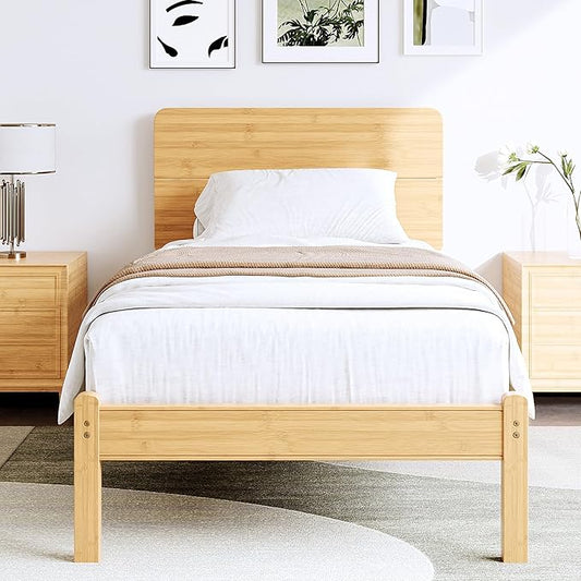 14in High Solid Bamboo Wood Platform Twin Size Bed Frame with Headboard Reinforced Heavy Duty Metal Slats Noise Free No Box Spring Needed Easy Assembly