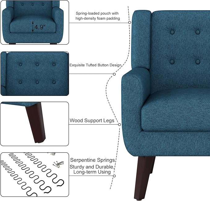 Linen Fabric Living Room Chairs Accent Chair Mid Century Modern Armchair for Living Room Bedroom Button Tufted Upholstered Comfy Reading SofasVanity Chair (2 Dark Teal)