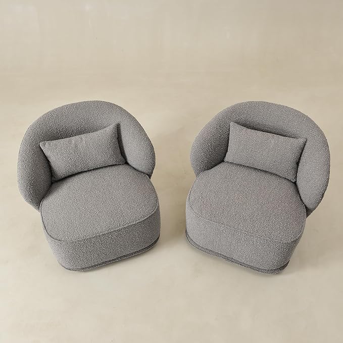 KINWELL 33 W Mid Century Modern Swivel Barrel Chair Set of 2 Upholstered Boucle Swivel Accent Chairs No Assembly Sofa Chair with Toss Pillow for Living Room Bedroom Reading Nursery (Light Gray)