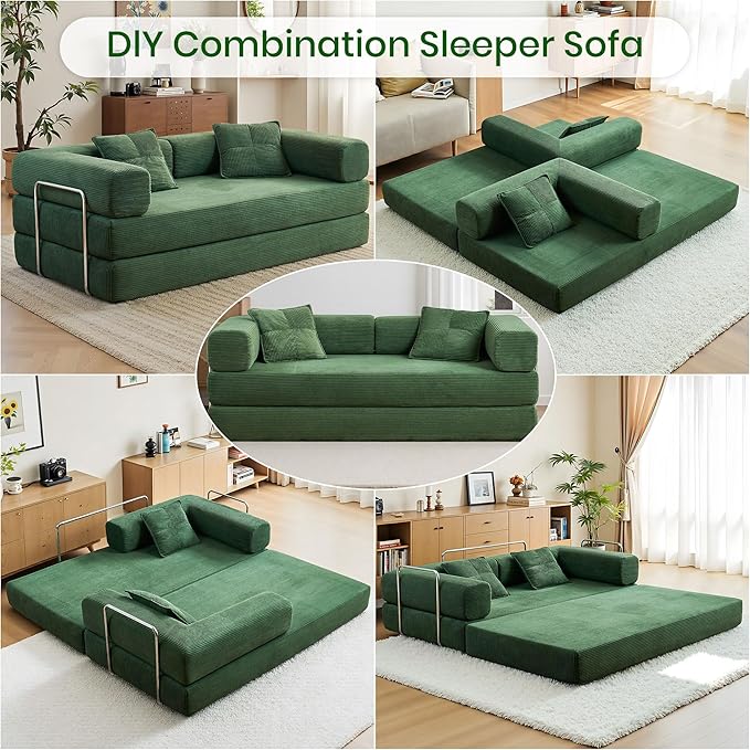 Compression Sofa - 78''Convertible Floor Sofa Bed - with Pillow Back Support Armrest - Comfy Foldable Sofa Bed Compressed Sofa in Box - Corduroy Fabric - for Living Room Bedroom (Emerald)