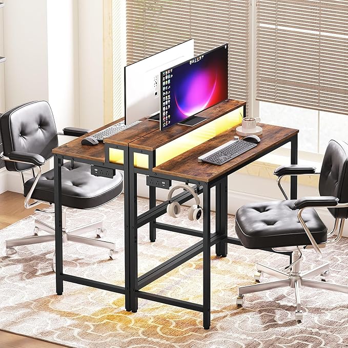Small Computer Desk with Charging Station and LED Lights Gaming Desk with Monitor Stand 2-Tier Home Office Desk with 4 Side Hooks for Living Room Home Office Rustic Brown DN01UDBRY2