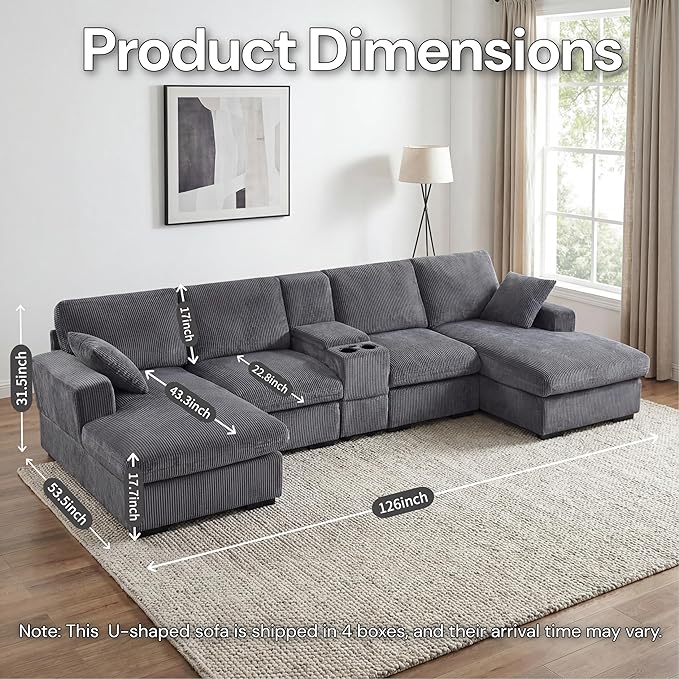 126 U Shaped Sofa Modular Sectional Sofa with Chaise Lounges Modern Couch with Storage Console USB Charging Ports &amp Cup Holders Corduoy Upholstered Deep Seat Couch for Living Room Grey | sto