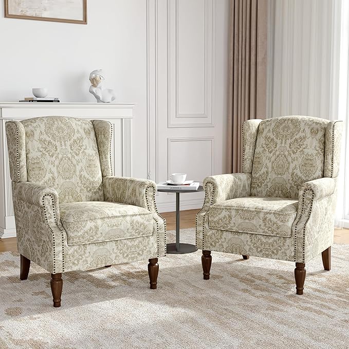 Wingback Accent Chairs Set of 2 High Back Upholstered Armchair Printed Fabric Wingback Arms Chairs with Wood Legs Single Sofa Reading Chair for Bedroom Living Room White