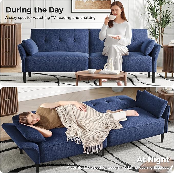 89” Futon Sofa BedComfy Futon Couch Bed with 2 Square PillowsConvertible Sleeper Sofa with Adjustable Backrest&amp Armrests Modern Loveseat Sleeper for Living Room Bedroom Linen Blue