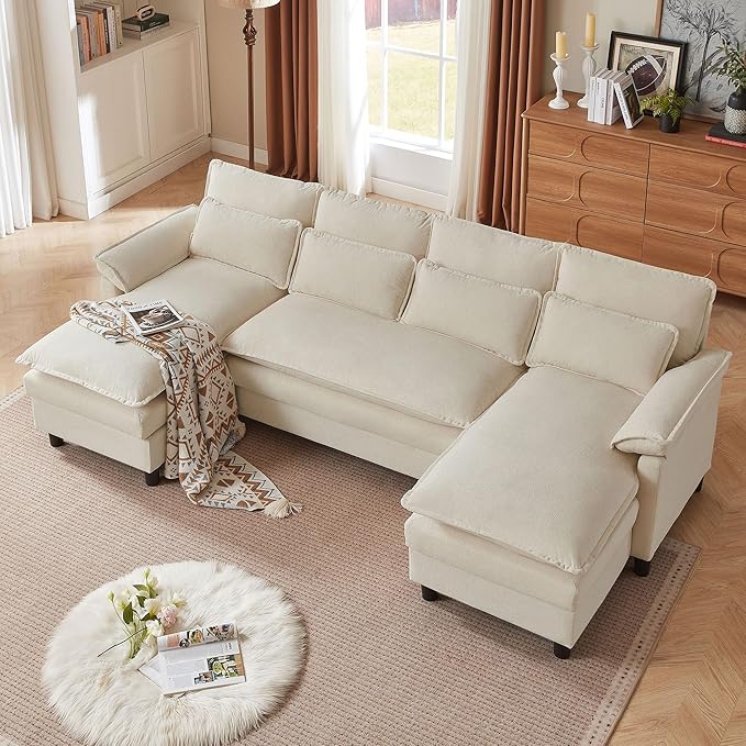 Comfy Cloud Couch Sectional Sofa with Lumbar Pillows 105 Modern U-Shaped Cloud Sofa with Double Chaise &amp Deep Seat Sectional Couches for Living Room Office Easy Assembly Beige