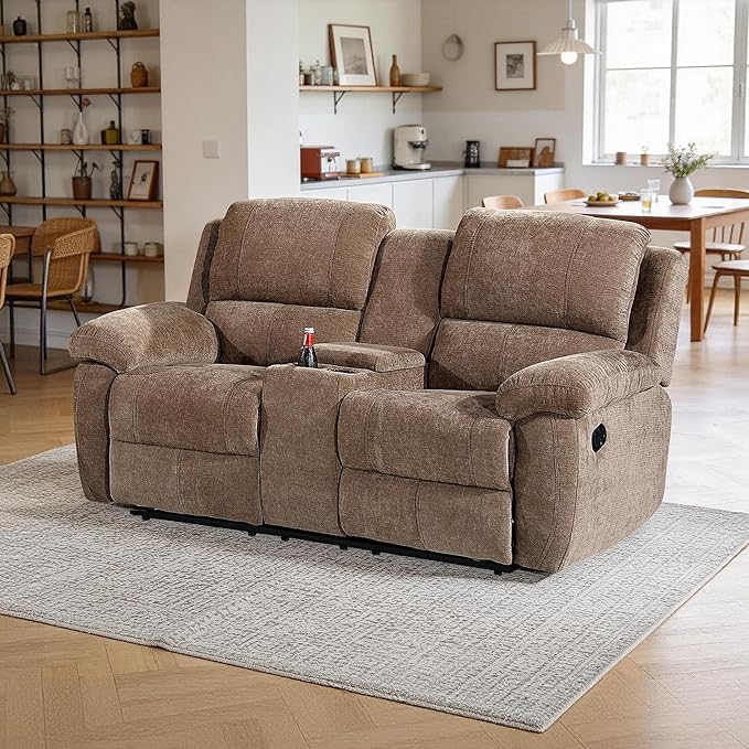 Betsy Furniture Modern Fabric Recliner Sofa Set Couch Loveseat w/Console Recliner 8093 (Khaki Loveseat)