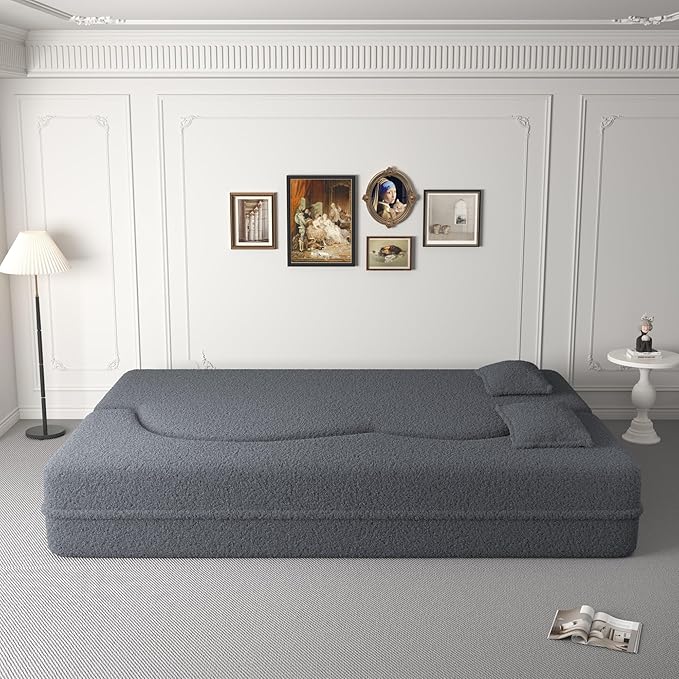 2-in-1 Folding Convertible Sofa Bed78 Inch Convertible Boneless Couch with Pilow Foldable Matress Teddy Loveseat Sleeper Pull Out Bed Floor Sofa Modular Futon Couch (Teddy Light Grey)