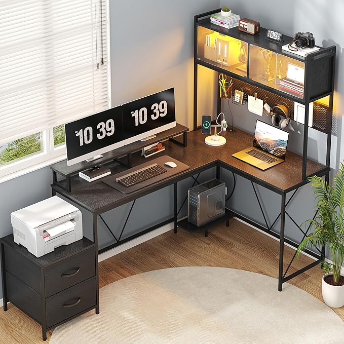 L Shaped Gaming Desk with DIY Pegboard Home Office Computer Desk with Raised Display Stand 2 Drawers and LED Glass Cabinets Corner Desk with Printer Desktop&ampPower Outlet Black