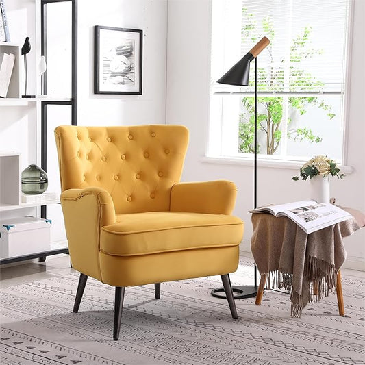 Living Room Chairs Button Tufted Accent Chairs Comfy Bedroom Chair Velvet Side Sitting Chairs Modern Fabric Sofa Slipper Chair for Reading Yellow