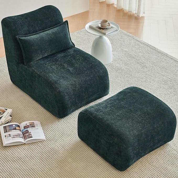 27” Oversized Lazy Sofa Chair and Ottoman Set Chaise Lounge Chair Indoor with Pillows Comfy Reading Couch for Adults Suitable for Living Room Small Spaces Memory Foam Chenille (Green-2)
