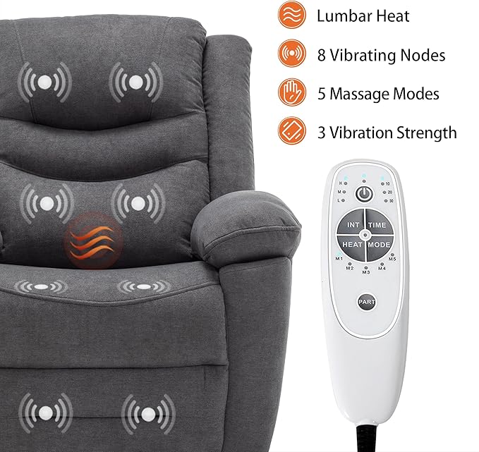 Power Swivel Rocker Recliner with Massage and Heat USB Port Infinite Position Oversized Electric Glider Rocking Chairs Living Room Soft Fabric Reclining Sofa Chair (Dark Grey Fabric)