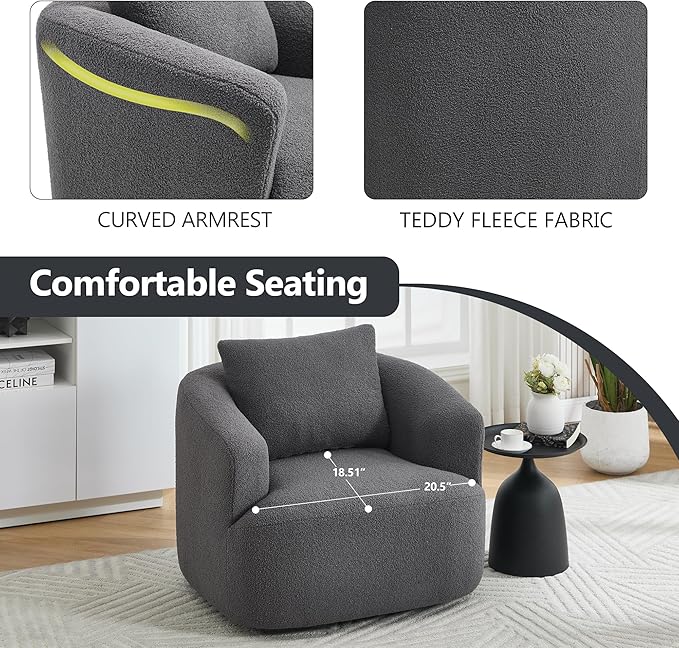 PELUMY Swivel Accent Chair Modern Round Barrel Chair Soft Teddy Fleece Fabric Swivel Chair for Living Room 360 Rotating Small Space Comfort Reading Chair No Tools Assembly (Dark Grey)