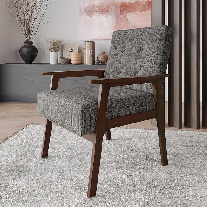Accent Chair with Button-Tufted Linen Upholstery Wooden Armrests Cushioned Seat Easy Assembly Light Grey