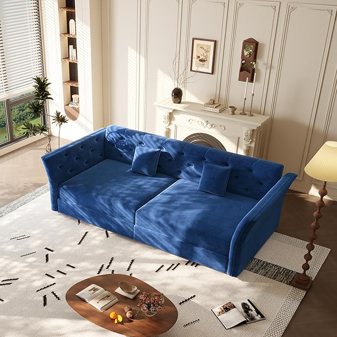 KEIKI 74.7 Queen Pull Out Sofa Bed Velvet Convertible Sleeper Sofa Button Tufted Chesterfield Sofa Pull-Out Couch Bed for Living Room Bedroom Apartment Blue