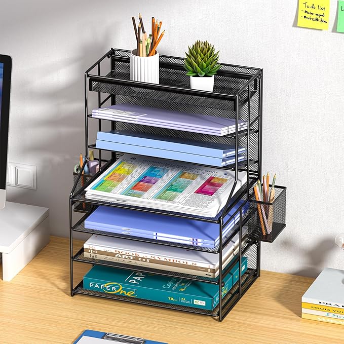 7 Tier Desk File Organizer – Vertical File Organizer for Desk with Removable Pen Holder &amp Adjustable Pull-out Drawer – Metal Document Organizer for Office Simple Trending Design – Black
