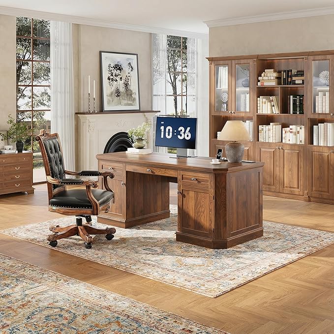 59 Classic Executive Desk with Storage Victorian Executive Desk with Charging Station Keyboard Tray 3 Drawers &amp 2 Cabinet Storage &amp 2 Pedestals Easy Assembly Dark Walnut