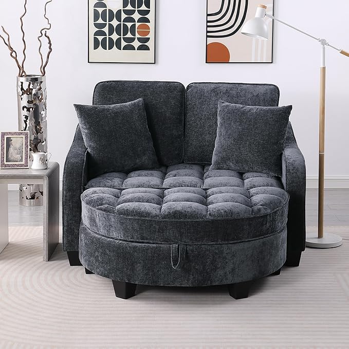 ERYE Chenille Tufted Loveseat Sofa and Ottoman Set Tufted Recliner Sleeper Chaise Lounge with Curved Storage OttomanReclining Backrest and Side Pockets 4 Pillows
