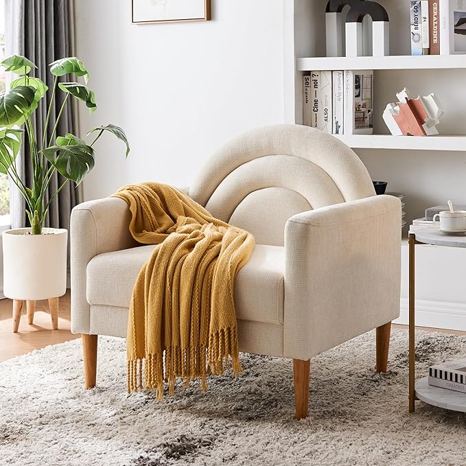 Accent Chair Reading Chair with Armrest Small Comfy Chair for Small Spaces Modern Linen Upholstered Armchair for Bedroom &amp Living Room Single Sofa Chair with Wood Legs Easy Assembly (Cream)