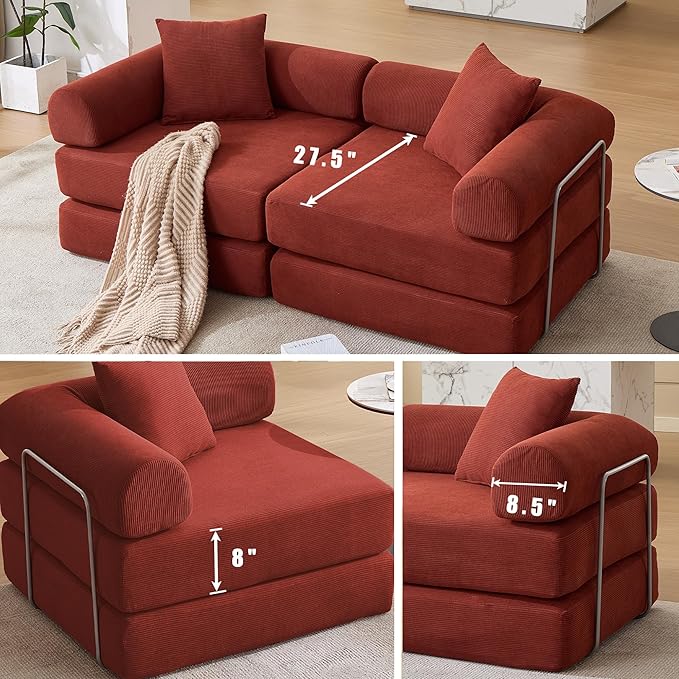 73 Convertible Sleeper Sofa Bed with Fixed-Shape Frame Corduroy Modular Folding Loveseat Couch with 2 Pillows Modern Floor Sofa Couch for Living Room No Assembly Red