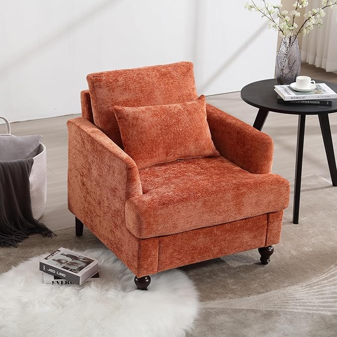 Mid Century Modern Accent ChairsChenille Upholstered Armchair with Rubber Wooden LegsComfy Reading Chairs with Scooped Arms for Living RoomBedroom (Dark Orange)