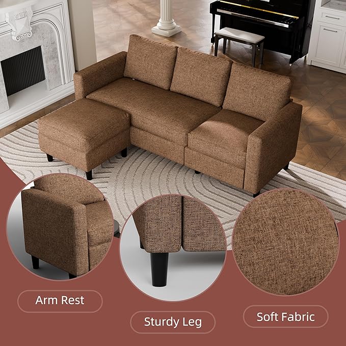 JAMFLY Sectional Sofa Couch Convertible L Shaped Sofas with Ottoman Small Sectional Couches for Living Room 3 Seater Couch for Small Spaces Brown