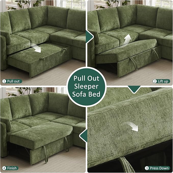 111'' Sectional Sleeper Sofa with Pull Out Bed U Shaped 6 Seat Modular Couch with Storage Chaise Modern Sectional Couch Cloud Chenille Sofa Bed for Living Room Apartment Olive