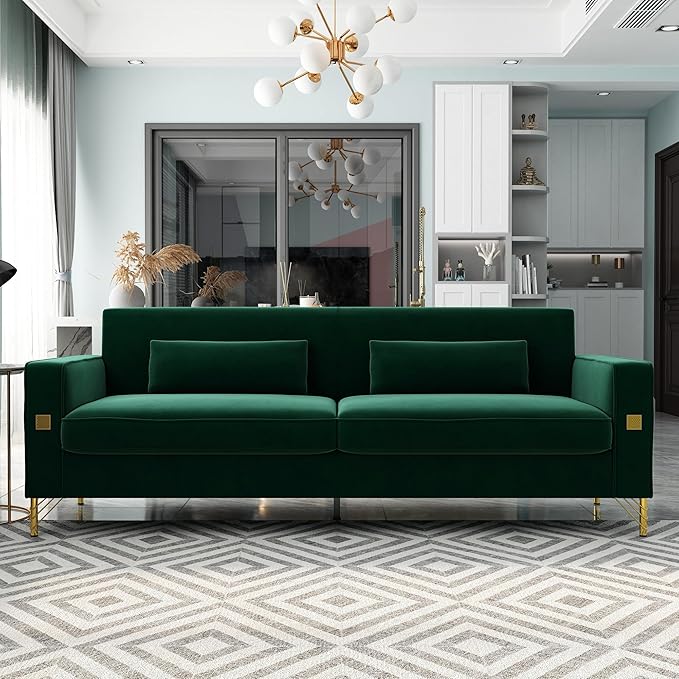 KEIKI 86 Oversized Luxury Velvet Sofa with Armrest and Removable Plush Cushions Modern Style Gold Accents 3-Seater Couch with Solid Legs Easy Assembly for Living Room Apartment Green