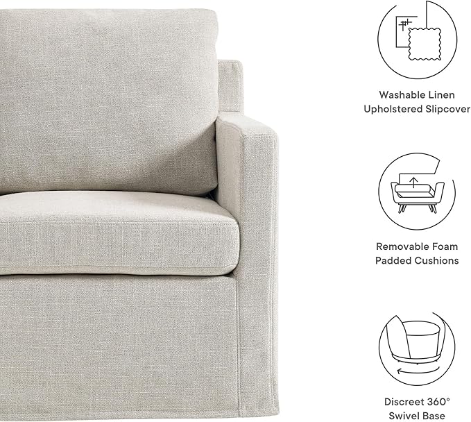 Modway Serene Swivel Accent Armchair in Linen - Modern Fabric Upholstered Chair - Slipcovered Armchair - Swivel Chair for Living Room or Bedroom