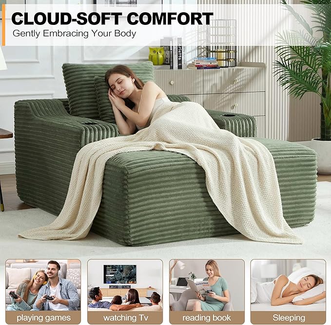 Boneless CouchComfy Fluffy Sofa BedUpholstered Sleeper Sofa Couch with Throw Pillows and ArmrestsCorduroy Plush Cloud Couches with Cup Holder Green
