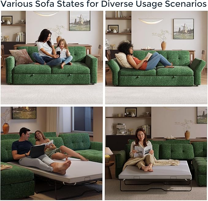 152 Oversized Sectional Sleeper Sofa with Pull Out Bed and Storage Chaise Convertible Sofa Bed with Memory Foam Topper Comfy U Shaped Modular Couches for Living Room Apartment Dorm Room Green
