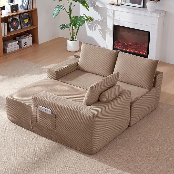 97 Cloud Couch Sectional L Shaped Boneless Couch Sectional Couches for Living Room Modern Comfy Corduroy Fluffy Modular Sofa with Deep Seat No Assembly (Camel Right Facing Chaise)