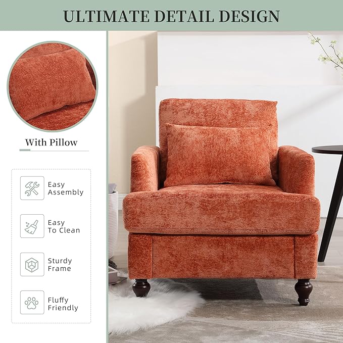 Modern Accent Chair Living Room Upholstered Chenille Armchair with Waist Pillow Single Sofa for Living Room Bedroom Office Orange