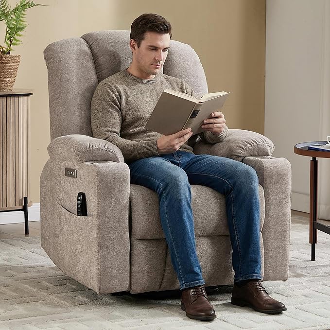 Power Lift Chair with Massage &amp Heat Electric Recliner Chairs for Adults Remote Control Sofa for Living Room Standing Assistance USB Ports Stainless Steel Cup Holders (Khaki)