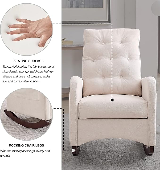 25.6 W Modern Accent High Backrest Living Room Lounge Arm Rocking Chair Two Side Pocket