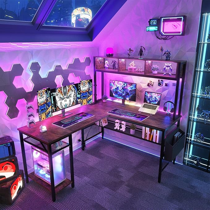 Aheaplus L Shaped Gaming Desk with LED Lights &amp Power Outlets 55 Inch L-Shaped Computer Desk with Storage Shelf &amp Monitor Stand Corner Desks 2 Person Reversible Desk Home Office Desk Rustic