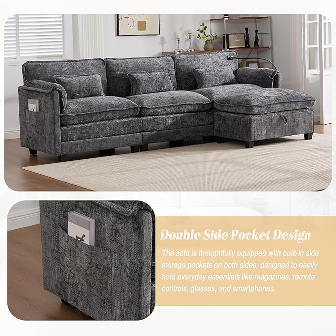 KEIKI 110 L-Shaped Boucle Modular Sectional Chenille Sofa with 1 Ottoman &amp Memory Foam Cushion &amp Phone Holder &amp USB Upholstered Modern Oversized 4-Seater Couch Easy Assembly for Living