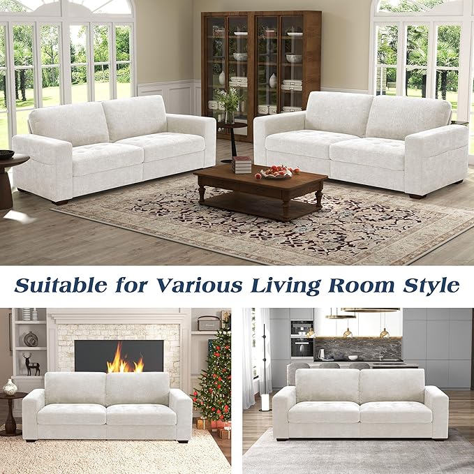 WorthFurni Sofas for Living Room Chenille Loveseat Couch Set Small Modern Sofa USB Charging Removable Sofa CoverSolid Wood Frame Easy to Install(89inchWhite)
