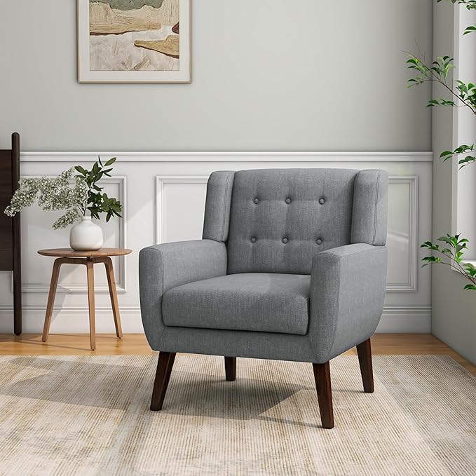 Accent Chair Mid-Century Modern Fabric Chairs with Arms for Living Room Comfy Upholstered Club Single Sofa Armchair for Bedroom Waiting Room with Solid Wood Frame (Fabric Grey Set of 2)