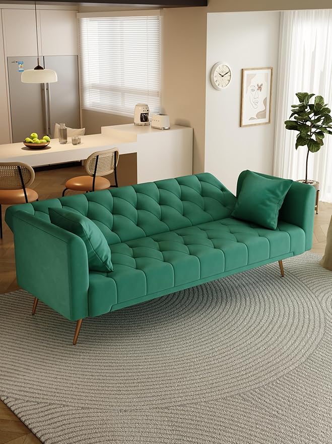 71 Convertible Velvet Futon Sofa Bed Loveseat with Multiple Adjustable BackrestsModern Sleeper Couch with Golden Metal Legs for Living RoomApartmentOfficeGreen