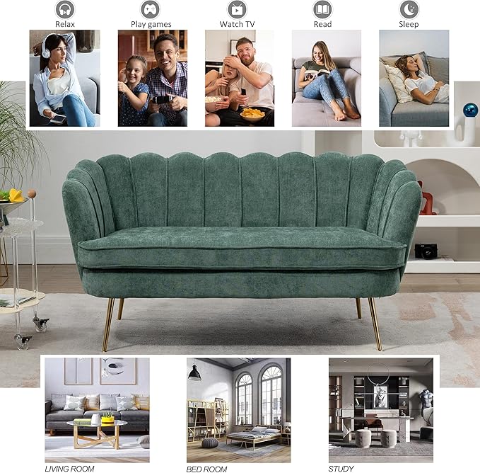 59 Modern Chenille Loveseat Couch Small Sofa with Gold Metal Legs2-Seater Upholstered Mini Sofa Couches for Small SpaceLiving Room Bedroom Office Dorm Studio Apartment (Green)