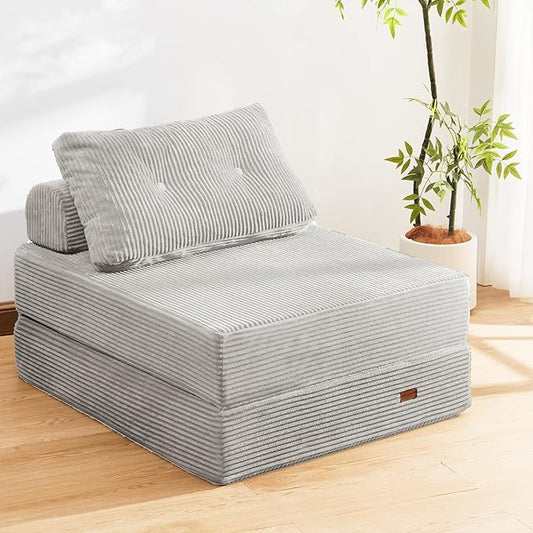 Folding ChairSleep Chair with High-Density Support FoamPortable 3 in 1 Fold Out Chair with Back Support and Pillow for Bedroom、Balcony、Hotel、ApartmentSingleSilver Gray