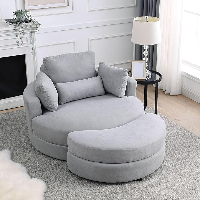 Oversized Swivel Accent Round Chair Modern Upholstered Sofa with Pillows Cozy Leisure Chair for Living Room Bedroom Home Office Club (Linen Light Gray)