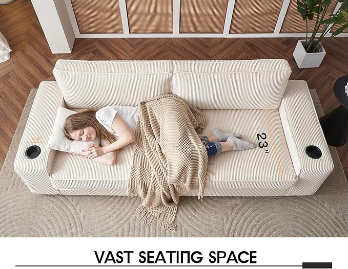 VanAcc Sofa Comfy Couch- Deep Seat Sofa Modern Couch with Cup Holders &amp USB Charging Ports Sofa Chair for Living Room(Beige Corduroy)